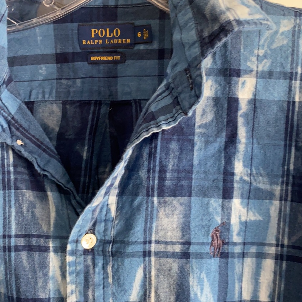 Ralph Lauren Navy Blue and White Tie Dye Long Sleeve Plaid Lightweight Shirt - Picture 3 of 4